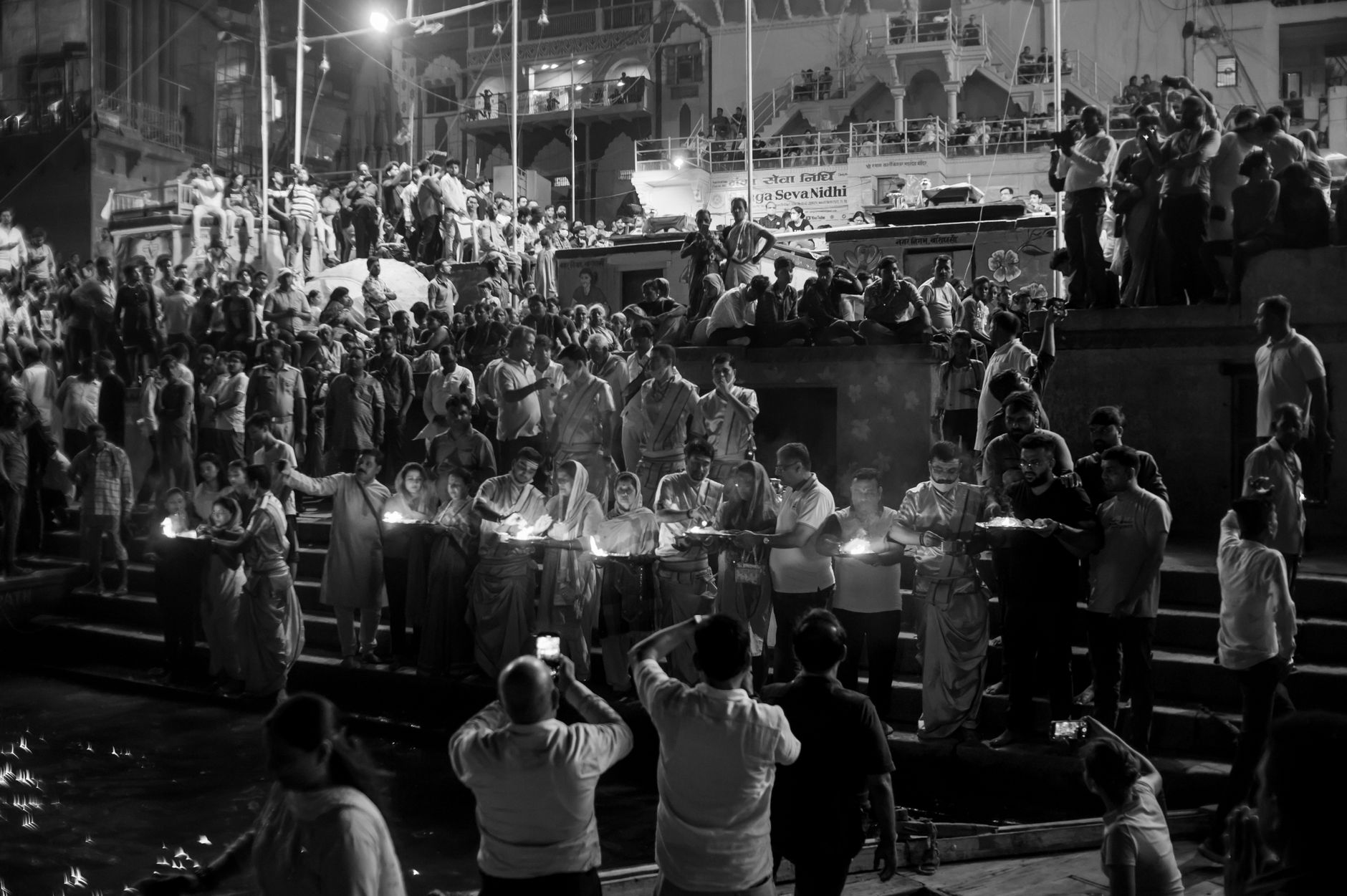 A religious ceremony at Varanasi's ghats on the banks of the Ganges.