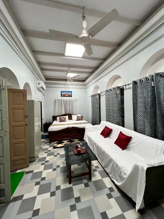 Elegant hotel reception with classic wooden design and plush carpeting.